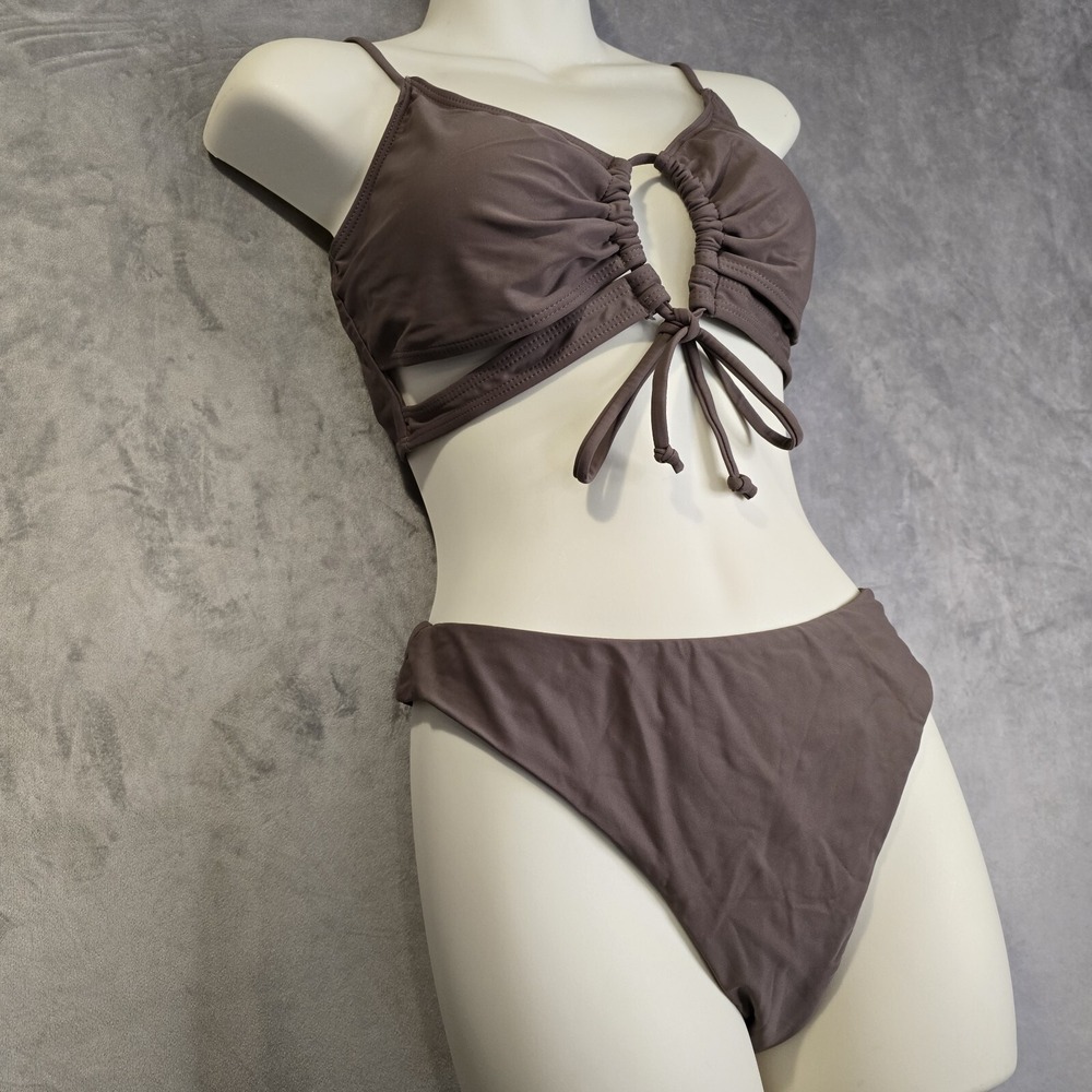 Zaful Bikini Set Size Large Brown Cut Out Tie High Waisted Cheeky‎ Swimsuit - Picture 2 of 6